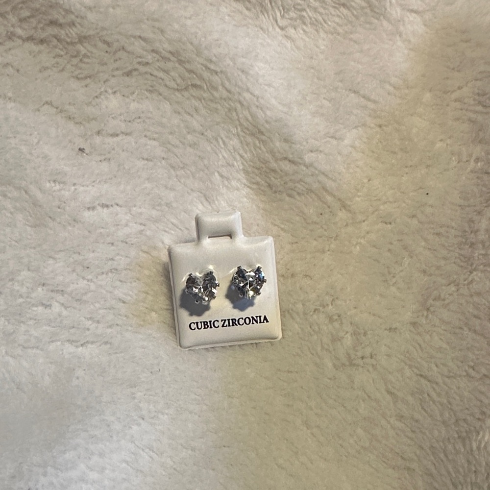 Cubic Zirconia Silver Silver Heart Shaped Earrings.  6.5mm in size